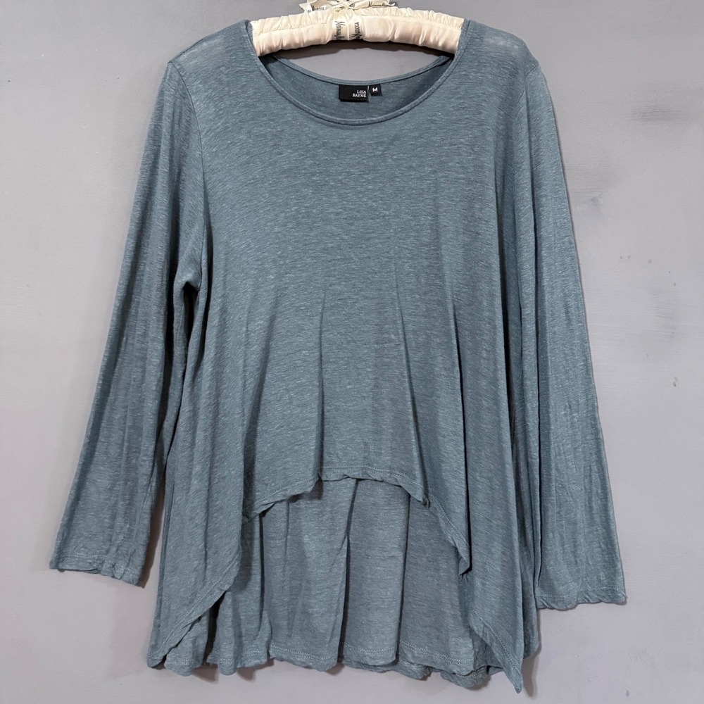 Lisa Bayne Linen Tunic Top Medium Blue High Low Long Sleeve Lightweight